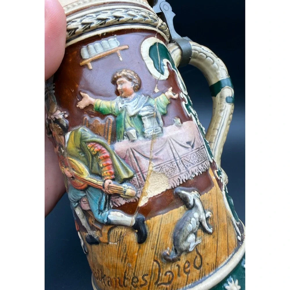 Antique German Beer Stein 0.5L Relief Scene Pewter Lid‎ Stoneware 531
